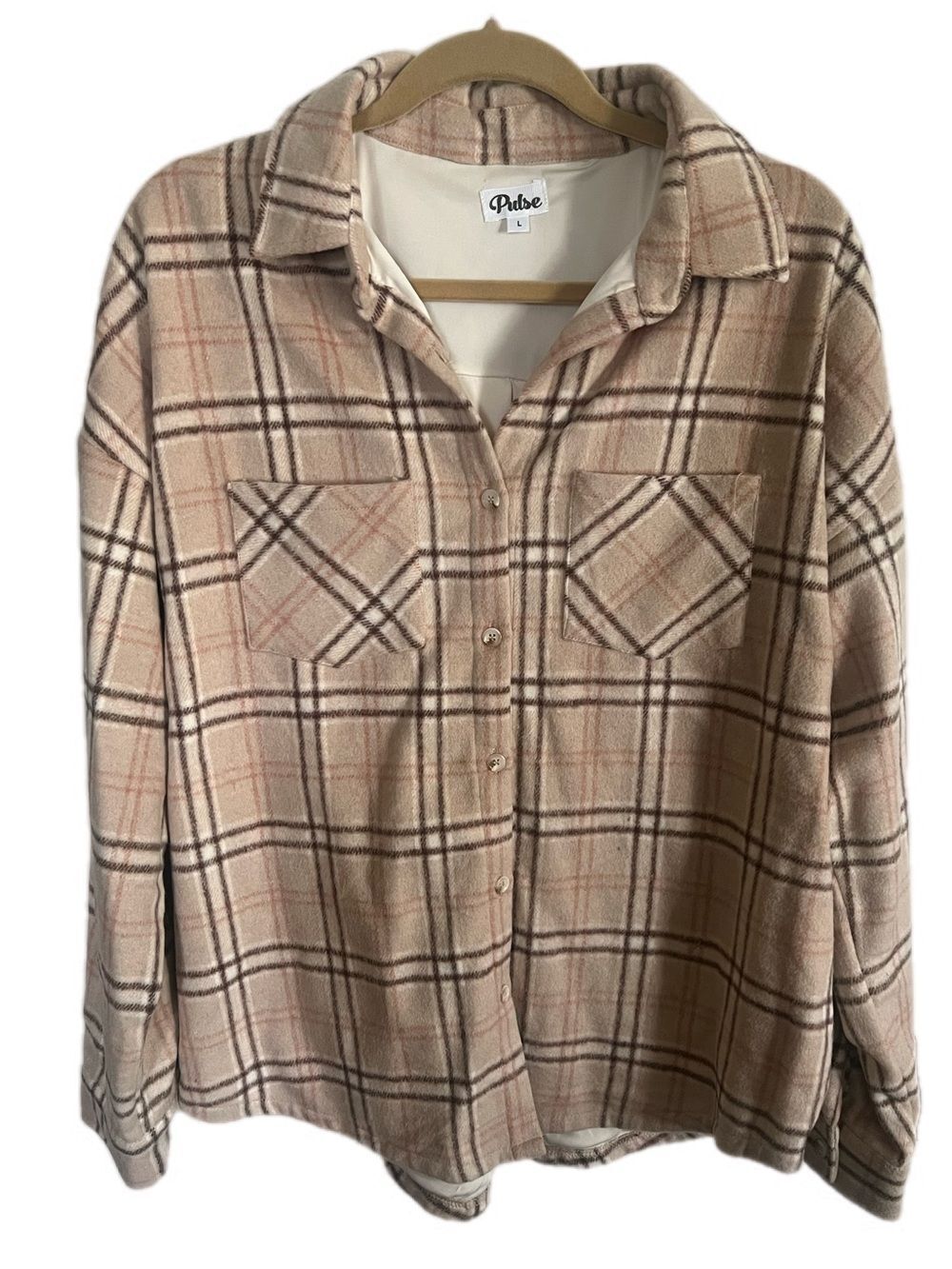 Pulse Boutique Harvest Taupe Brown Plaid Button-Down Shacket Jacket Fall Style